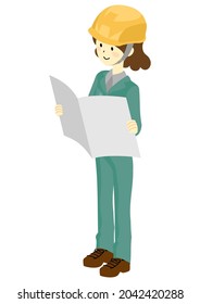 Trabajadora mujer mirando un dibujo, ilustración isométrica.