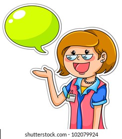 female worker with a name tag presenting something