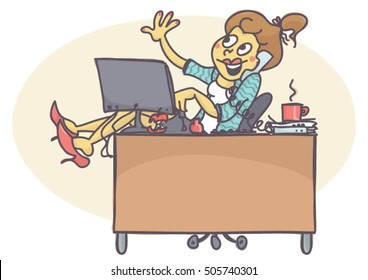 Female worker at office, talking on the phone, painting her nails, legs on the table. 