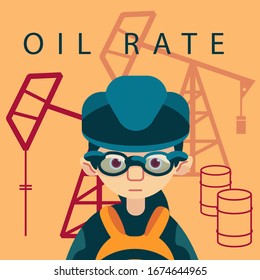 Female worker and oil burrels on yellow backdrop. Oil derricks for financial or web news site, business poster, info card. Web template, t shirt or hoody print. Cartoon style Stock vector illustration