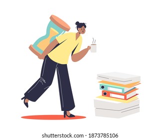 Female worker overloaded with paperwork and deadlines. Office slavery concept. Young overworked business woman holding sand watch burden. Flat vector illustration