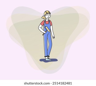 Female worker with paddle roller on construction site. Painter in helmet and overall. Vector illustration for work, labor, occupation concept