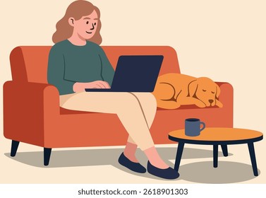 Uma trabalhadora remota trabalhando em casa com um cachorro de estimação dormindo ao seu lado