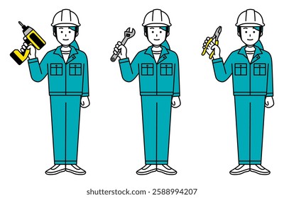Female worker set with tools (full body)