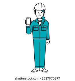 Female worker showing her smartphone screen (full body)