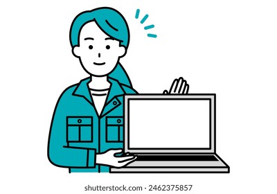 Female worker showing laptop screen