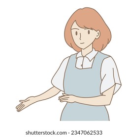 Female worker showing a welcome hand gesture. Polite woman gesturing welcome sign. Hand drawn flat cartoon character vector illustration.