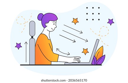 Female worker sitting at desk with right posture for healthy back looking at computer on white background. Concept of instruction for correct pose during office work. Flat cartoon vector illustration