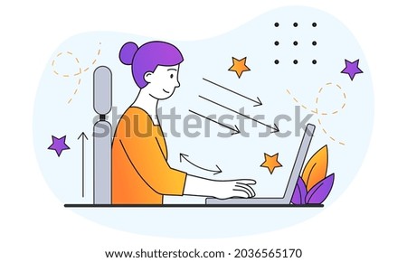 Female worker sitting at desk with right posture for healthy back looking at computer on white background. Concept of instruction for correct pose during office work. Flat cartoon vector illustration
