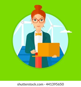 A female worker of solar power plant and wind farm. Woman with laptop on a background of solar power plant and wind turbines. Vector flat design illustration in the circle isolated on background.