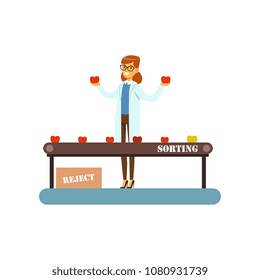 Female worker sorting fruit on conveyor line, juice production process stage vector Illustration on a white background