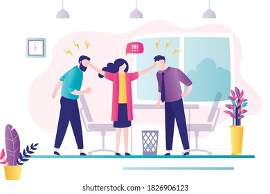 Female worker stops conflict between two angry male employees. Stress, emotions management at work. Conflict situation in office between workers. Office interior, workplace. Flat vector illustration