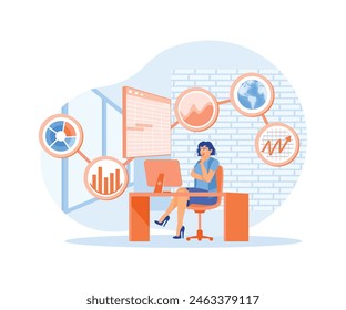 Trabajadora estudiando datos infográficos en la computadora. Mujer analizando datos financieros de la oficina. Concepto de análisis de datos. Ilustración vectorial plana.