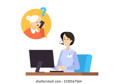 Female worker of support center chat with customer. Vector illustration of contact service client on the phone.