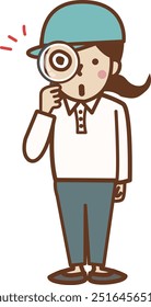 A female worker with a surprised face wearing a hat and holding a magnifying glass.