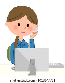 Female worker, Telephone and PC