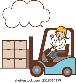 A female worker transports cargo with a forklift and makes a fist pump.