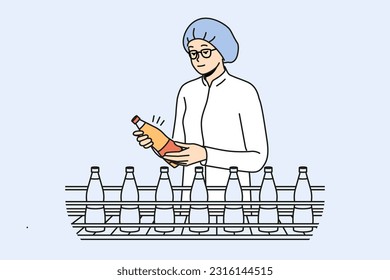 Female worker in uniform and headwear checking bottles on production line on factory. Woman employee control juice or milk quality at plant. Vector illustration. 