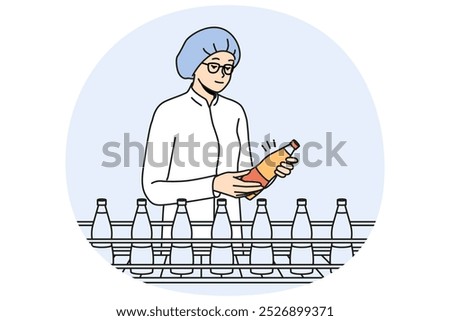 Female worker in uniform and headwear checking bottles on production line on factory. Woman employee control juice or milk quality at plant. Vector illustration.