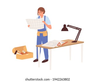 Female worker in uniform looking at drawing at workplace. Engineer working at table. Scene with woman in overall. Colored flat vector illustration isolated on white background