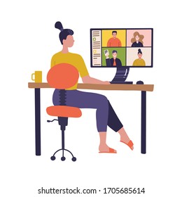 Female Worker using computer for collective virtual meeting, group video conference. Woman at desktop chatting online. Vector illustration for videoconference, remote work. Flat vector design.