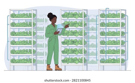 Female worker in a vertical farm examining leafy greens on hydroponic racks using a tablet to track growth.