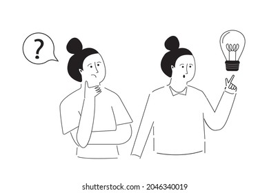 Female worker waits for appearance of new creative idea. Concept of uploading creative idea. Set of businesswomen. Search for answers to questions. Line art, hand draw and doodle. Vector illustration