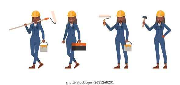 Female worker wearing blue jumpsuit working character vector illustration design set.