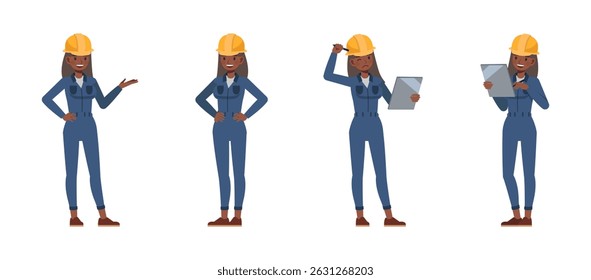 Female worker wearing blue jumpsuit working character vector illustration design set. Woman thinking holding clipboard and presentation. - Powered by Shutterstock - Get 15% off with code: PIKWIZARD15