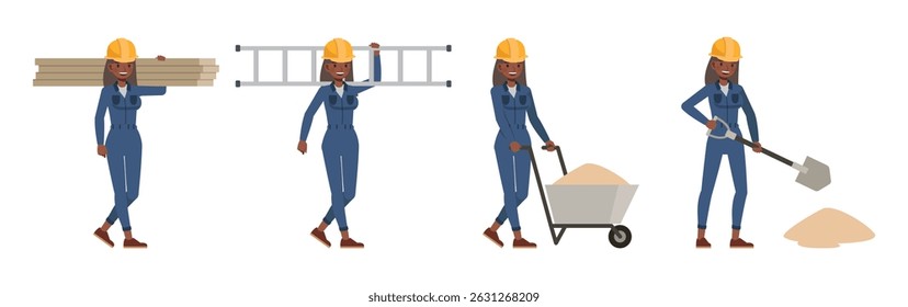 Female worker wearing blue jumpsuit working character vector illustration design set.