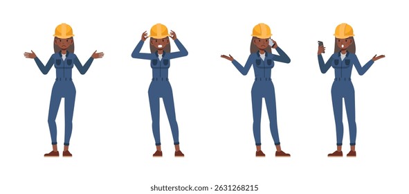 Female worker wearing blue jumpsuit working character vector illustration design set. Woman with negative emotions and talk on phone.