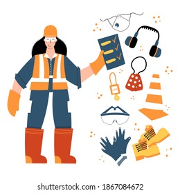 Female worker wearing hard hat, safety gloves, glasses, high visibility vest, work clothing and safety boots. Woman on safety inspection with check-list. Safety equipment and PPE clipart