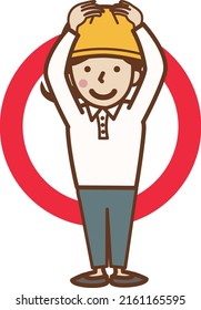 A female worker wearing a helmet in a circle pose.