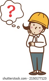 A female worker wearing a helmet with her arms crossed and thinking.
