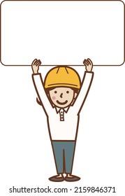 A female worker wearing a helmet with a whiteboard. Copy space.