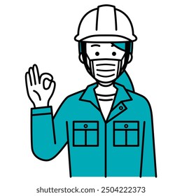 Female worker wearing a nonwoven mask giving an OK sign