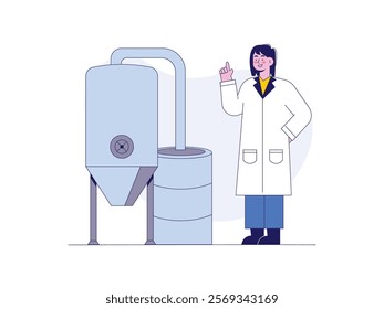 Female worker wearing white coat, industrial science with water tank. Character design. Vector flat illustration