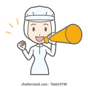 A female worker wearing white sanitary clothing has a megaphone