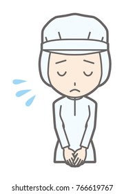 A female worker wearing white sanitary clothes bowed with a troubled expression