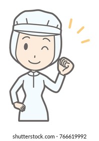 A female worker wearing white sanitary clothes is winking up his fist