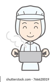A female worker wearing white sanitary clothes has a pot