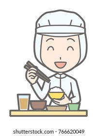 A female worker wearing white sanitary clothing is eating Japanese food