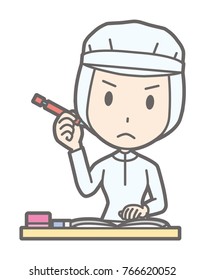 A female worker wearing white sanitary clothing is studying