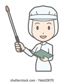 A female worker wearing white sanitary clothing has a command stick