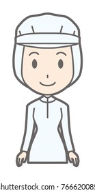 A female worker wearing white sanitary clothing stands