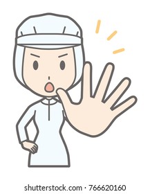 A female worker wearing white sanitary wears out his hand