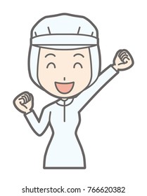 A female worker wearing white sanitary clothes is holding a fist with a smile