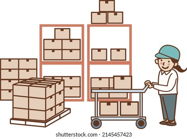 A female worker who carries luggage on a dolly in a warehouse.