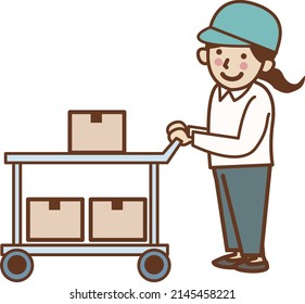 A female worker who carries luggage on a dolly.