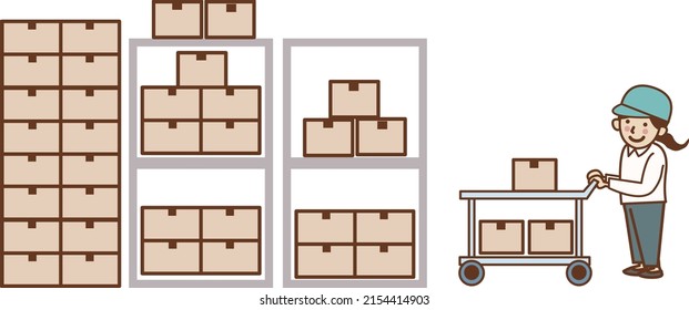 A female worker who carries luggage on a dolly in a warehouse.